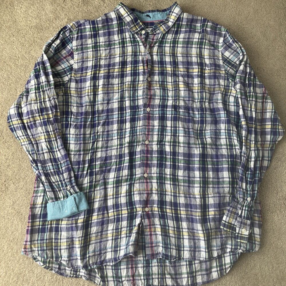 Tommy Bahama Button Down Shirt Mens 3XLT Linen Plaid Purple Flip Cuff Career